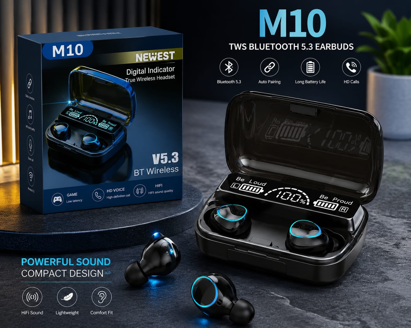 M10 TWS Bluetooth 5.3 Wireless Earbuds with LED Display & Charging Case