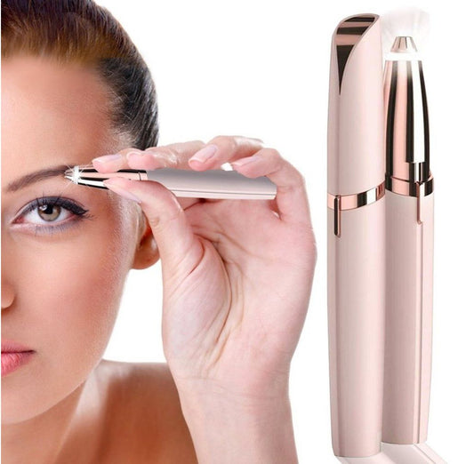 Woman using a skincare device on her face with a close-up of the device on a white background