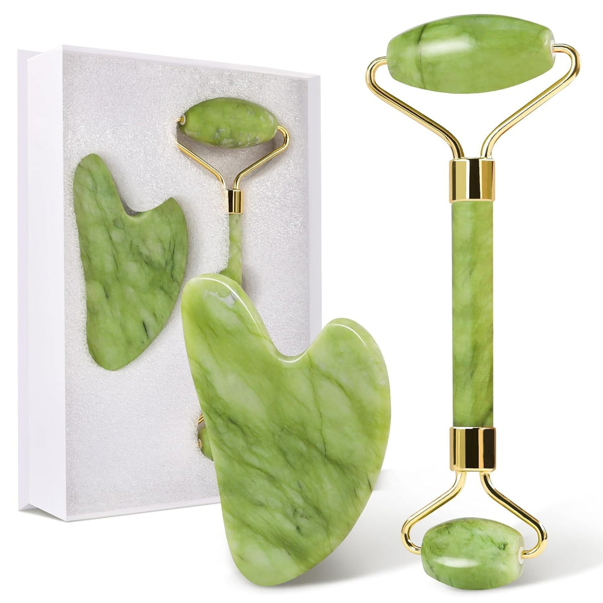 100% Natural Jade Roller & Gua Sha Set - Anti-Aging Face Massager