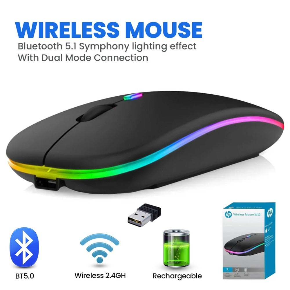 Dual Mode Wireless Mouse - Bluetooth 5.1 & 2.4GHz Rechargeable RGB Mouse with Symphony Lighting