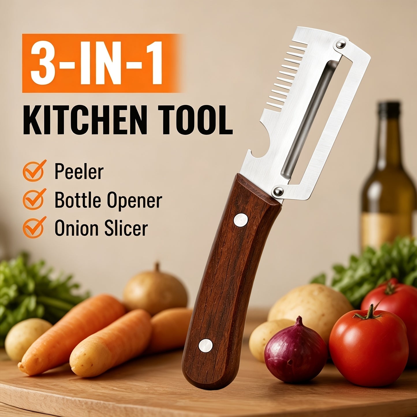 3-in-1 Multifunctional Vegetable Peeler & Slicer with Wooden Handle